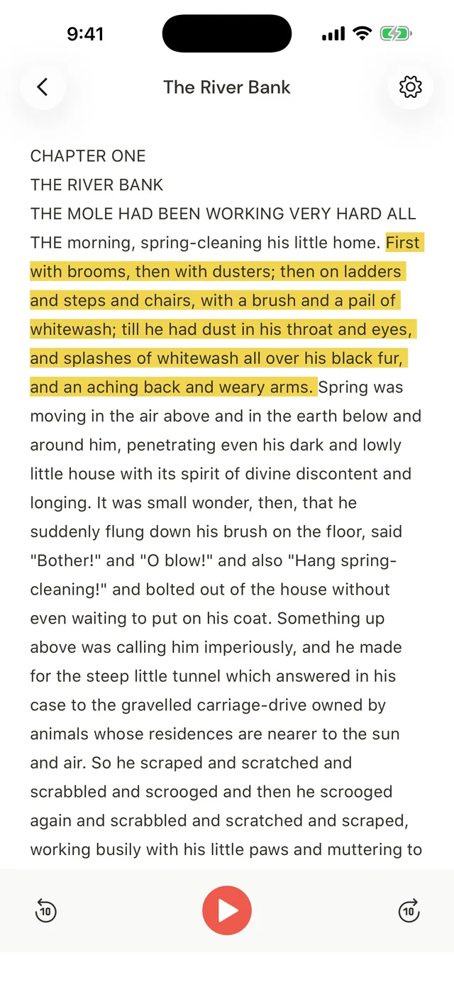 A scanned page of The Wind in the Willows open in Snapshelf on iPhone, with the sentence currently being read aloud highlighted in yellow, and a play button and skip controls along the bottom.
