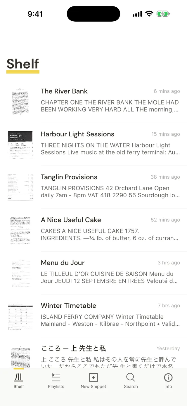 The Snapshelf Shelf on iPhone, listing seven saved snippets — a book chapter, a gig listing, a receipt, a recipe, a French menu, a ferry timetable and a Japanese novel — each with a thumbnail of the page it was scanned from and the first line of its recognised text.